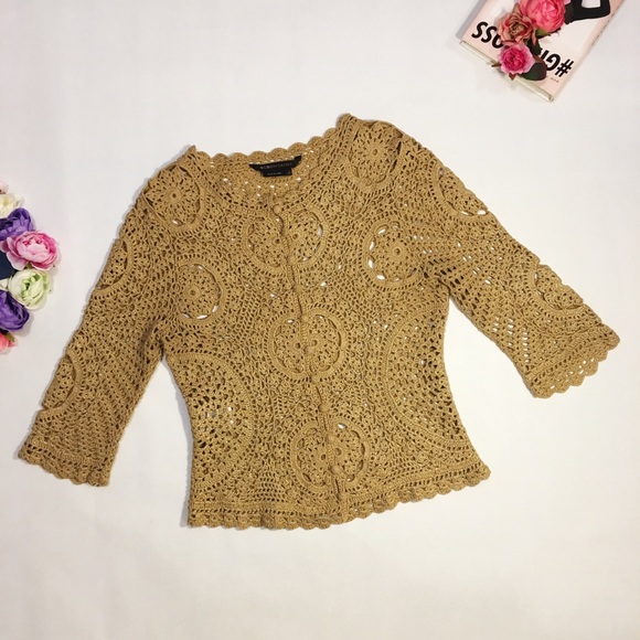 BCBGMaxAzria Sweaters - BCBG Brown golden crochet buttoned top cardigan